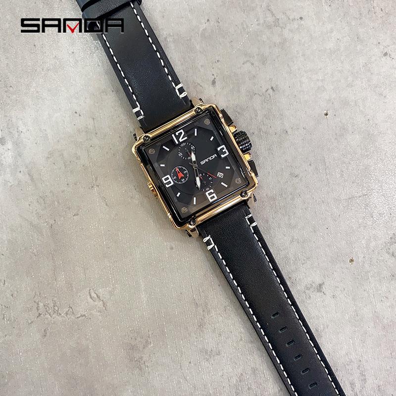 

Новые кварцевые мужские часы Sanda, трехглазые, минималистичные модные модные часы с шестью иглами, водонепроницаемые с датой