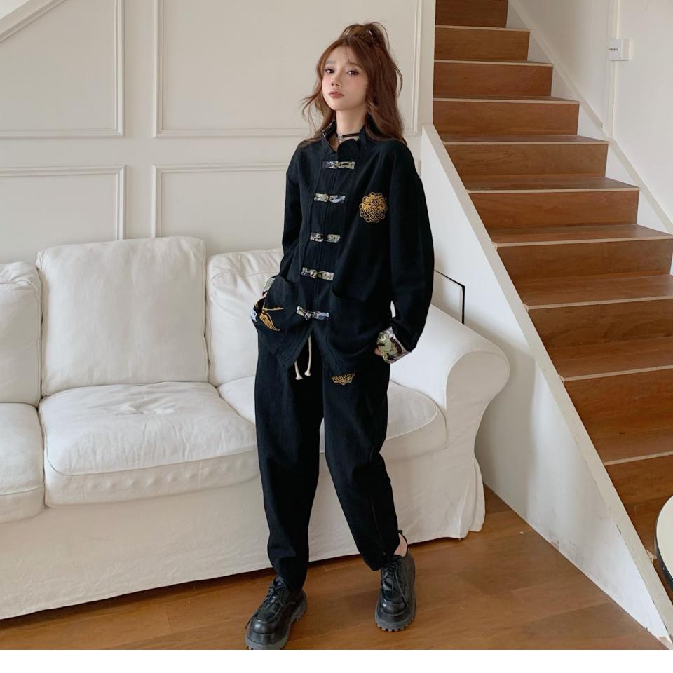 

Женский костюм в китайском стиле с вышивкой, модное пальто, костюм Тан M чёрный