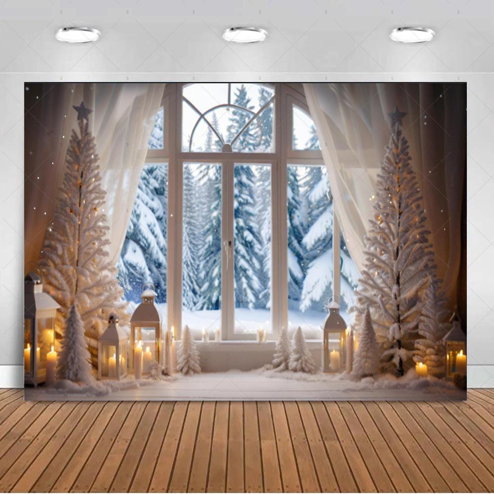 White Christmas Snow Scenery Background Xmas Tree Garland Gifts Photography Backdrop Family Xmas Party Decoration Photo Studio