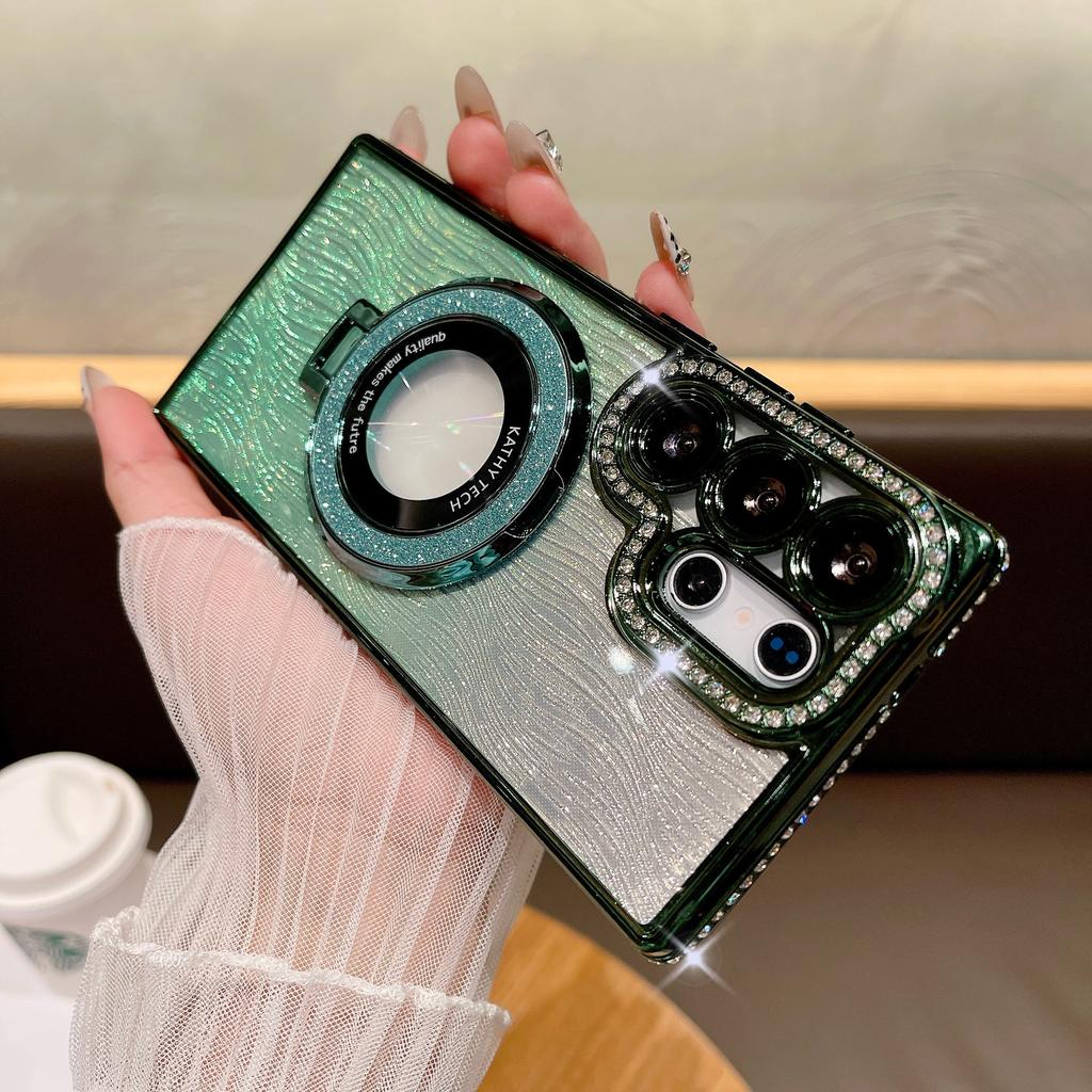 Rhinestone Gradient Shimmer Powder Water Ripples Suitable for Samsung S25 Ultra Mobile Phone Case Magnetic Suction Bracket S24P Electroplating A06