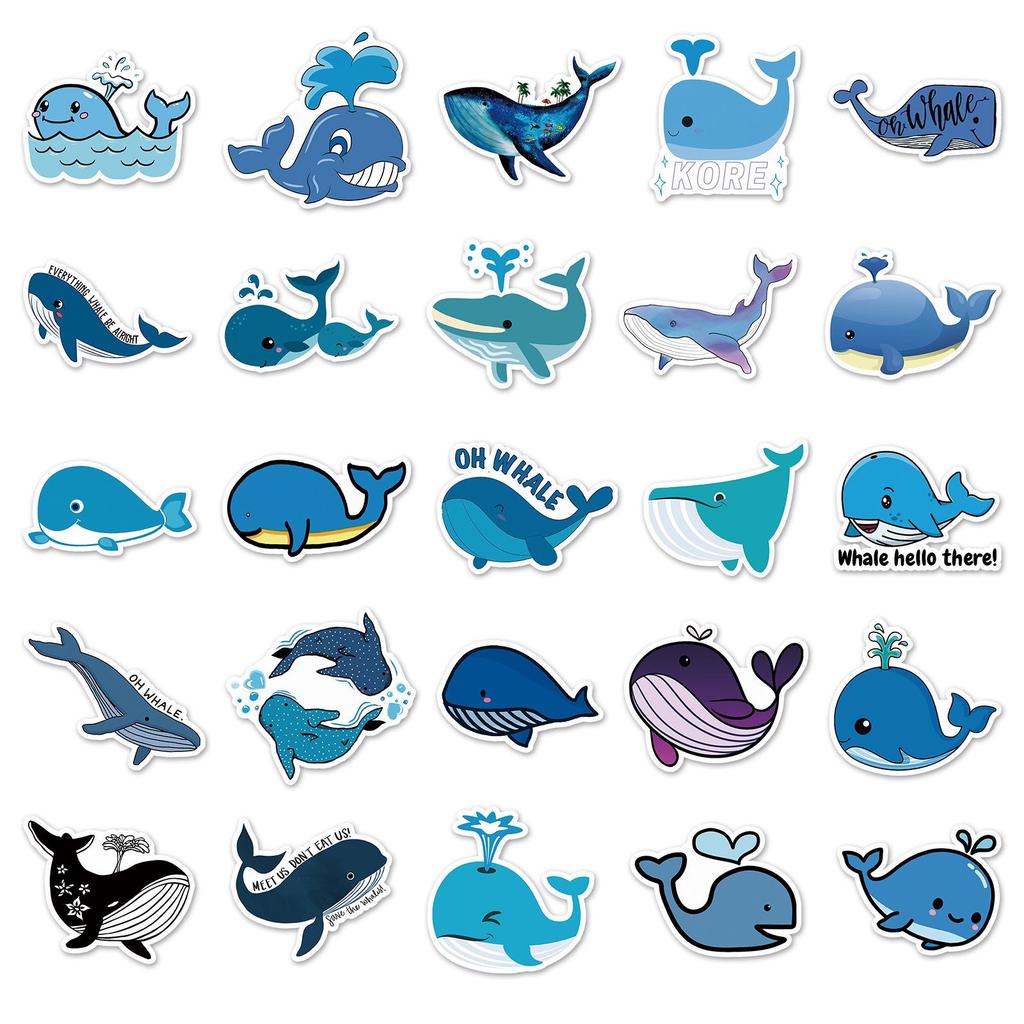 50PCS Cute Whale Stickers - Marine Life DIY Color Painting for Water Bottles and Mochi Decoration