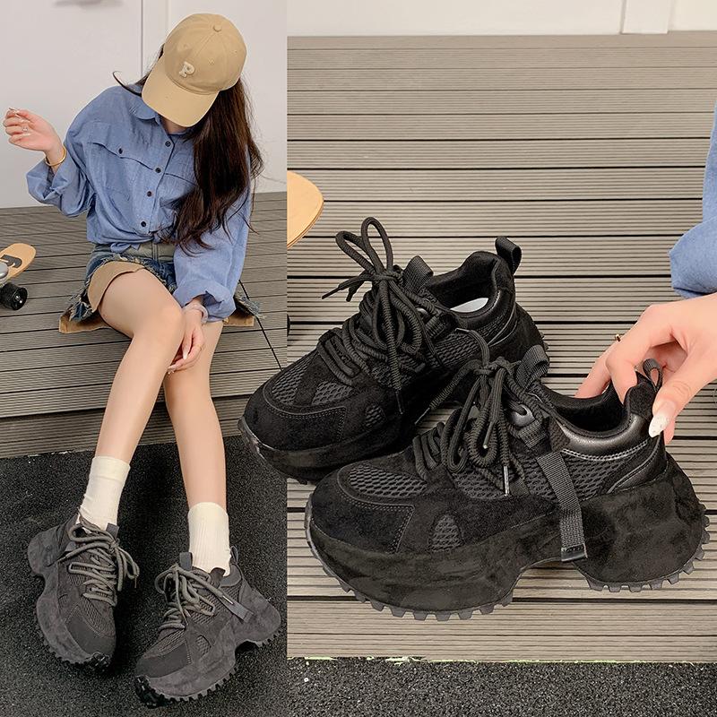 [Fanfna] Dad Shoes Girl 2025 New Autumn Breathable Thick-soled Height Increasing Black Versatile Casual Sneakers