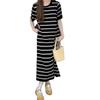 Contrasting stripes knitted short-sleeved t-shirt dress women's summer new loose and thin age-reducing straight casual long dress