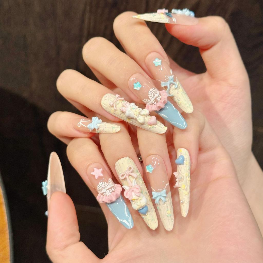 10Pcs Cat Eye French Handmade Nail Tips Long Stiletto Fake Nails With Colorful Rhinestone Reusable Almond Press On False Nails