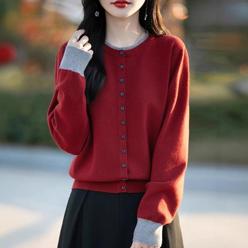 Autumn Color Matching Button Round Neck Fake Two-piece Knitted Sweater Cardigan Women's Jacket Thin Loose Literary Sweater
