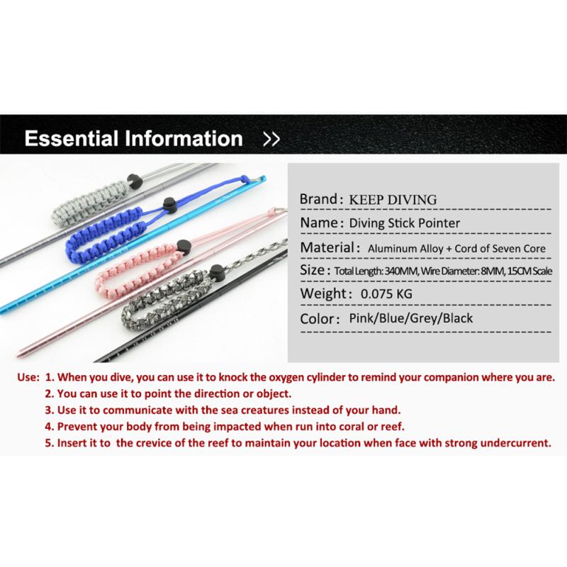 Light Weight Aluminium Alloy Scuba Diving Stick Pointer Rod With Hand Rope Underwater Shaker Noise