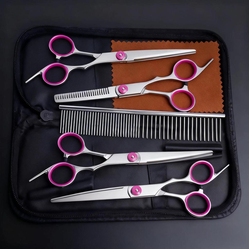 Portable Pet Grooming Scissor Set: Flat & Curved Hairdressing Tools
