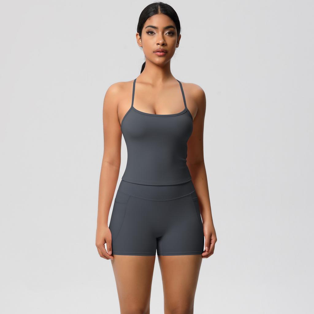 Yungan Eng anliegender Sandstrahl-Schnelltrocknender Yoga-Anzug, Hüfthebende Tasche-Shorts, Zweiteiliges Lauf-Fitness-Set Für Damen