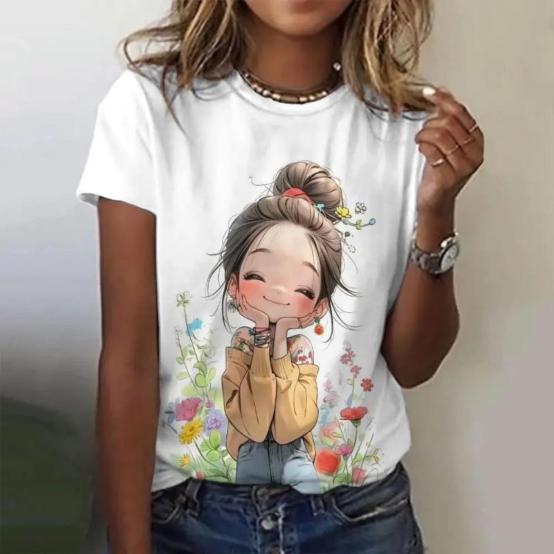 

Літня жіноча футболка з принтом для дівчини в стилі аніме, повсякденний пуловер з короткими рукавами, модний вуличний одяг, футболка для милих дівчат, жіночий одяг 4XL