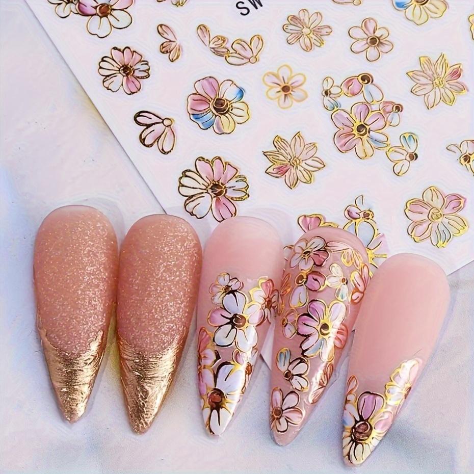 5D Nail Stickers Glitter Golden Dasiy Flowers Geometric Lines Decor Acrylic Embossed Sliders Golden Frame Spring Nail Decals Cherry Blossom Manicure