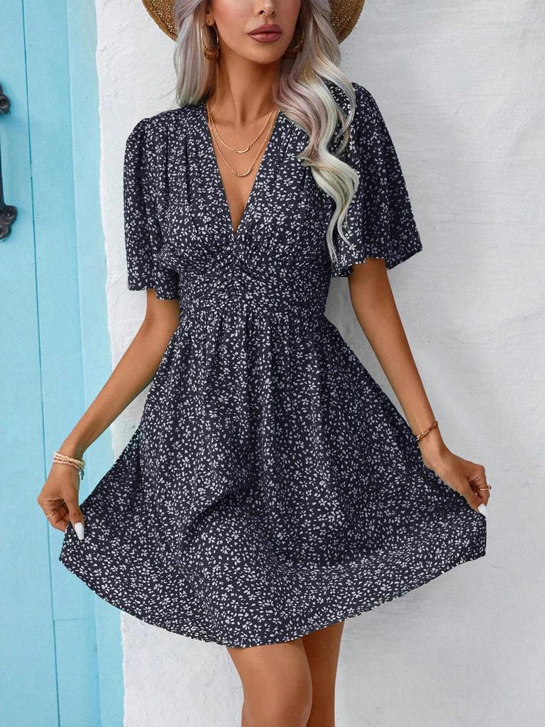 Women's Summer New V-Neck Sleeveless Printed High Waist Floral Ruffled Dress