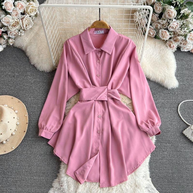 

Ladies Long Sleeves Tunic Single-Breasted Dress Shirt Pink All yards