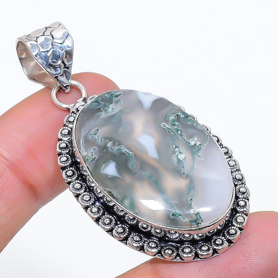 Indian Moss Agate Gemstone 925 Sterling Silver Jewelry Pendant 2.05" SU-10749