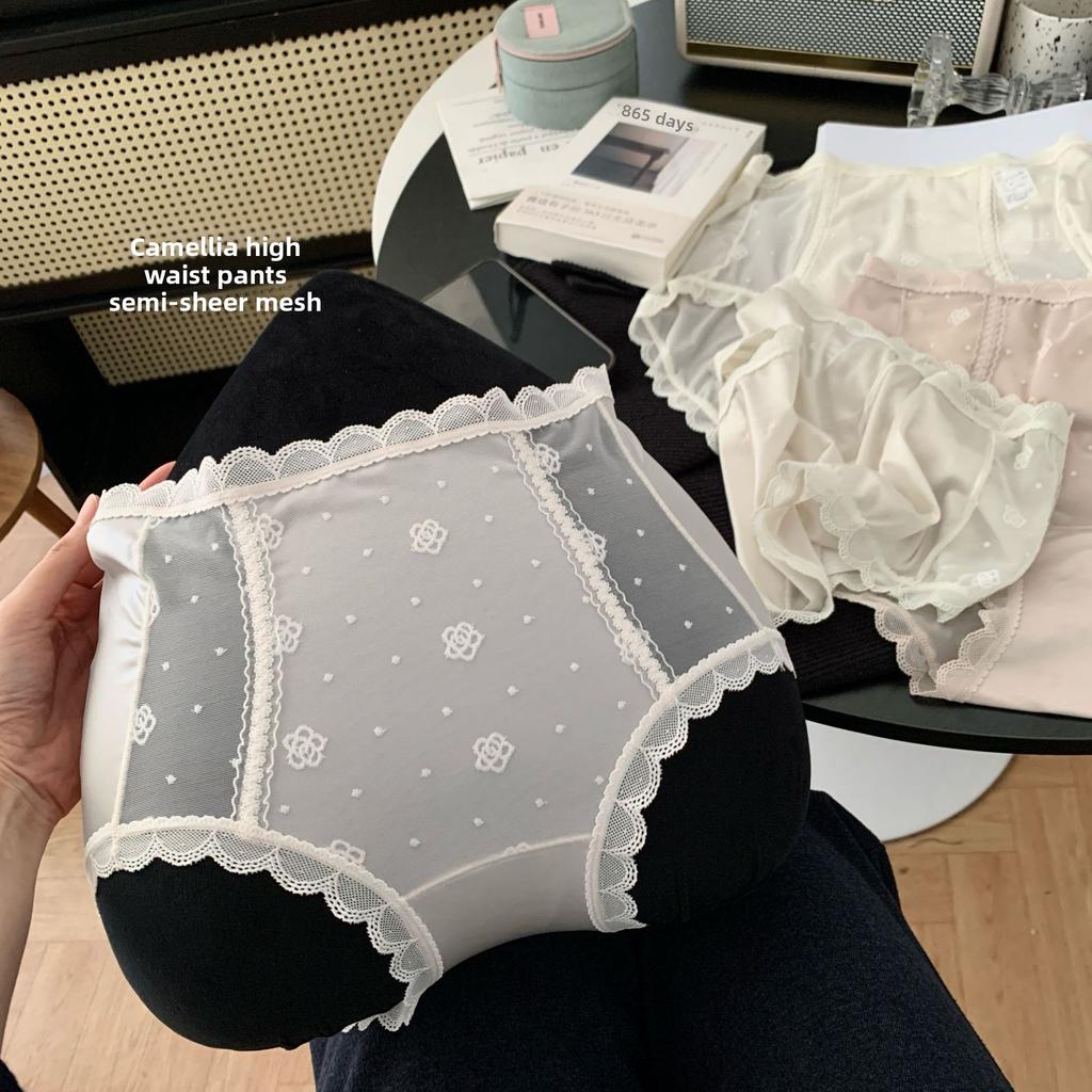 Damen Sommer reine Spitze Kamelie Netz 10A Antibakterielle Baumwolle Langer Schritt Hohe Taille Slip
