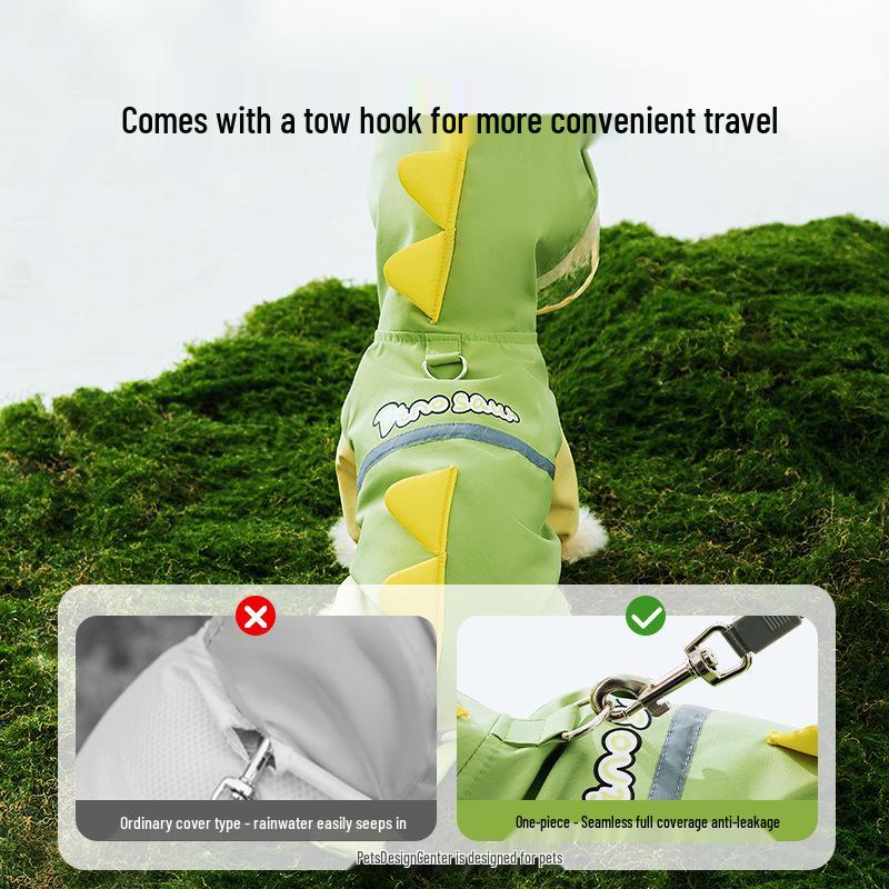 Four-Legged Dinosaur Dog Raincoat with 3D Tail – Waterproof for Medium & Large Breeds