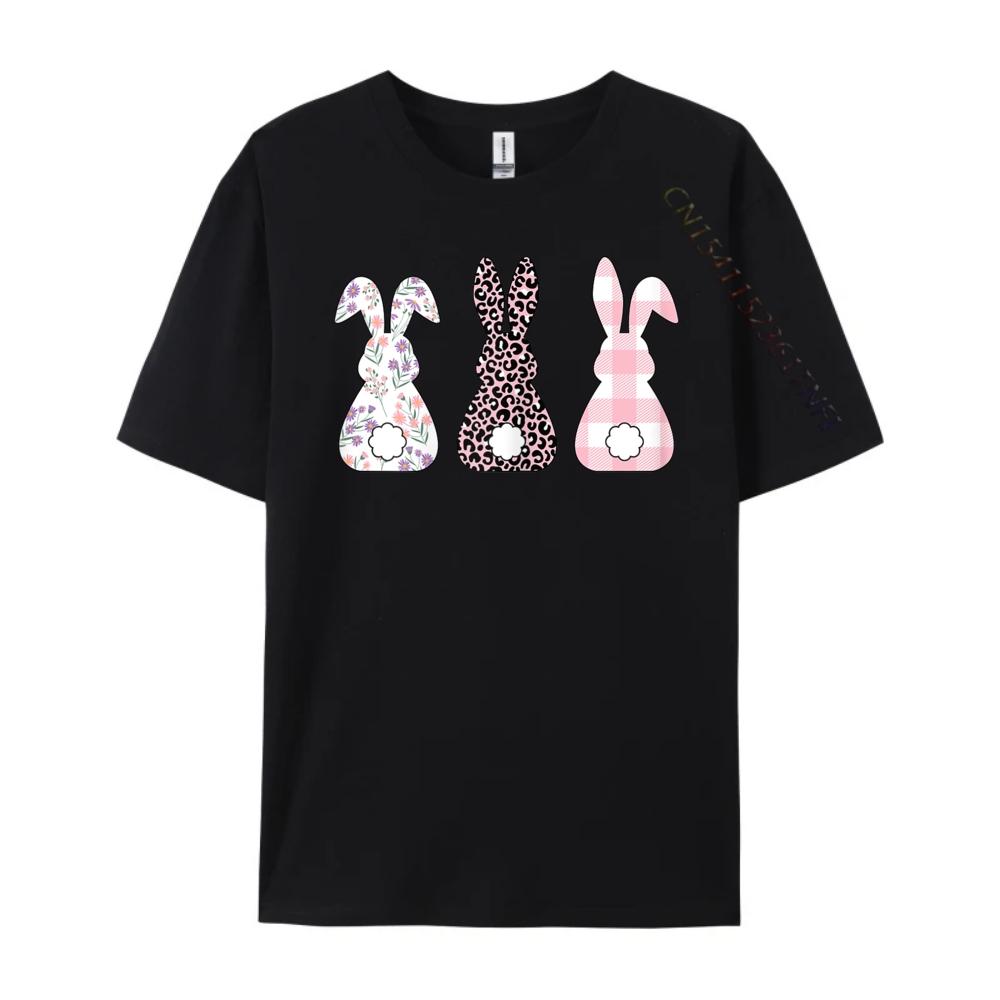 Süße Rosa Leopard Karomuster Blume Frohe Ostern Hase Kaninchen Grafik T-Shirts Vintage Streetwear Oberteile T-Shirt
