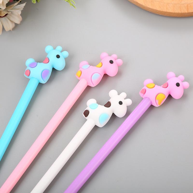 1Pc Cute Giraffe Topper Gel Pens 0.5mm Fine Point, Macaron Color Assortment, Smooth Black Ink Writing Pens, Kawaii Animal Decor Stationery, Creative L