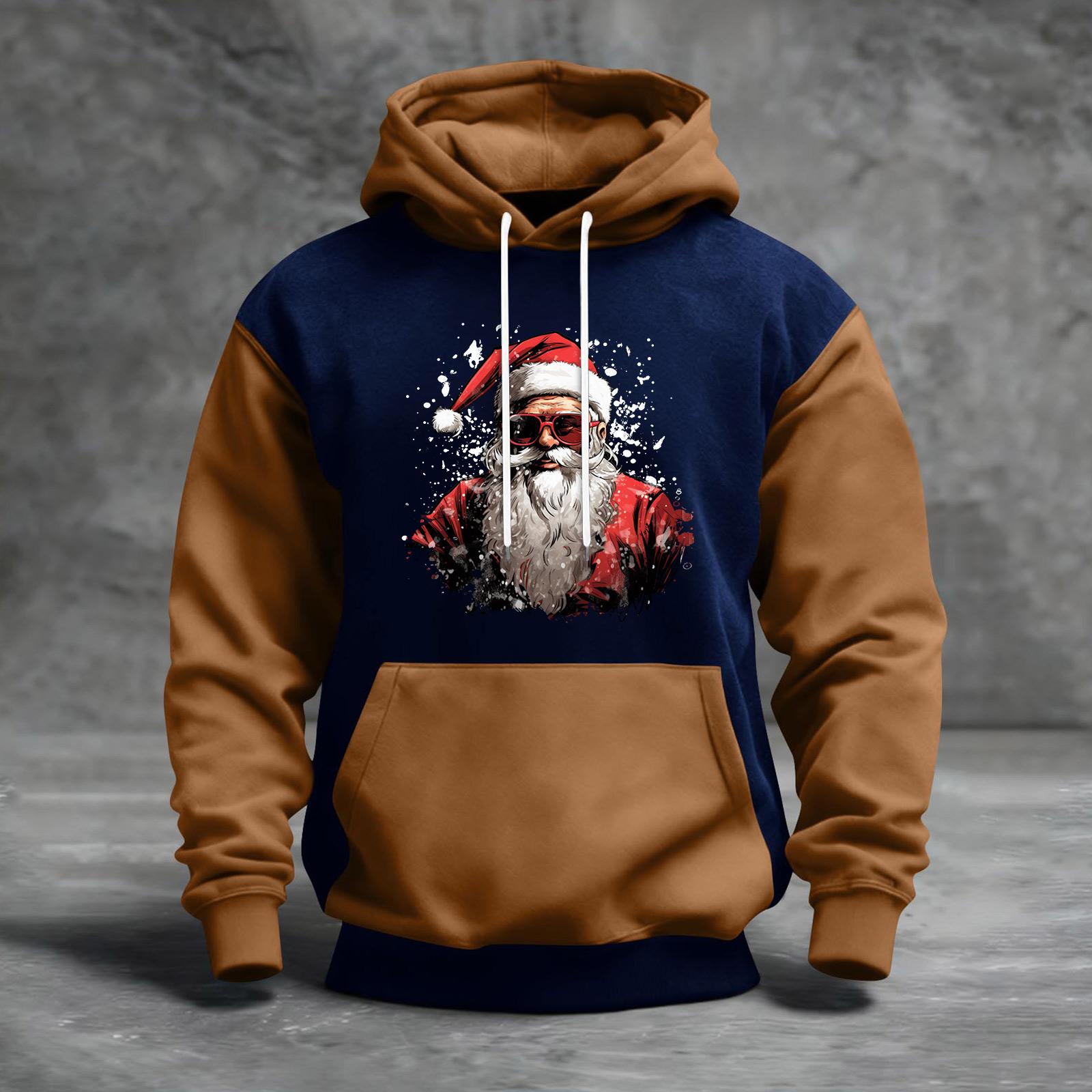 

Мужской рождественский свитшот с капюшоном, повседневный, спортивный, удобный, с цветными блоками и принтом XL