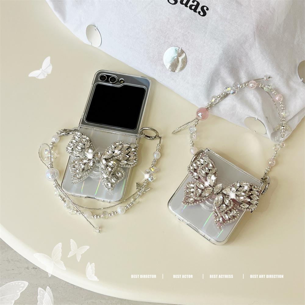 Luxury Glitter Pearl Lanyard Chain Phone Case For Samsung Galaxy Z Flip 6 5 4 3 Flip5 5G Shining Back Card Cover For ZFlip3 Flip