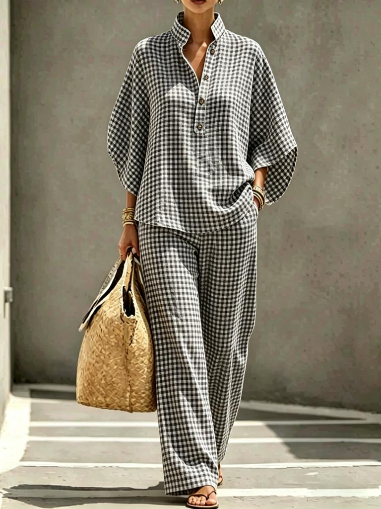 Sheng Miao Europäisches und Amerikanisches Neues Damen-Karoshemd-Set, Lässiger Urbaner Lässiger Stil
