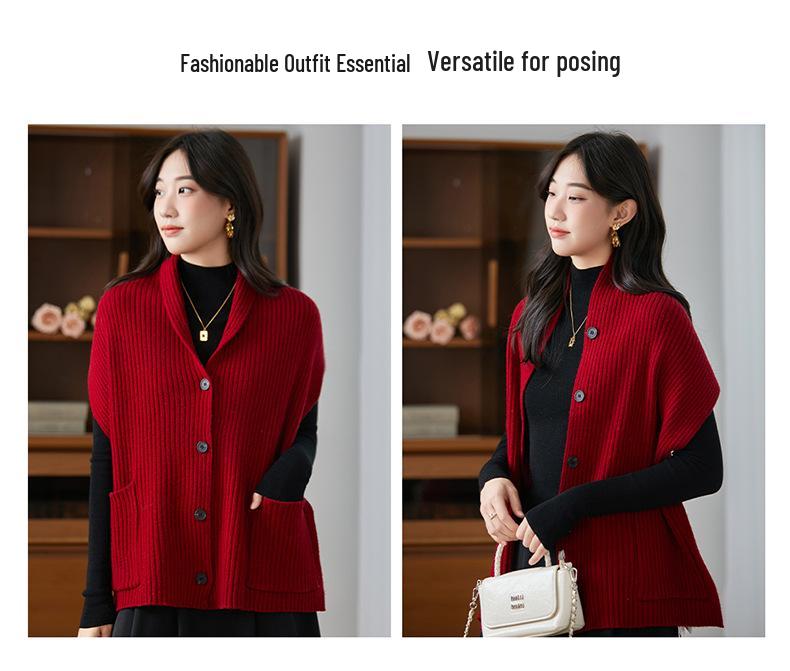 Women's 100% Wool Knit Cardigan Vest - Autumn/Winter 2025 Shawl