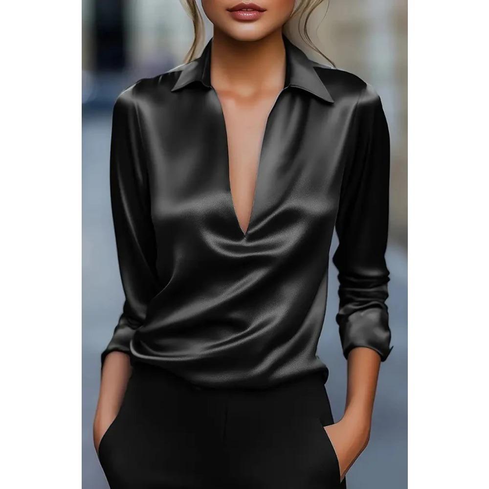 Women's Turn Down Collar Long Sleeve Deep V Neck Solid Satin Elegant Office Blouse Casual Daily Shirt