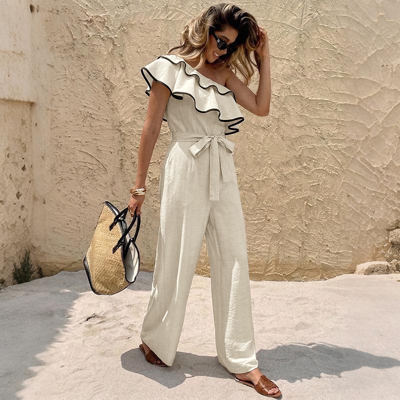 One Piece Jumpsuits for Women, Asymmetrical Shoulder Ruffle Waist Tie Straight Jumpsuit