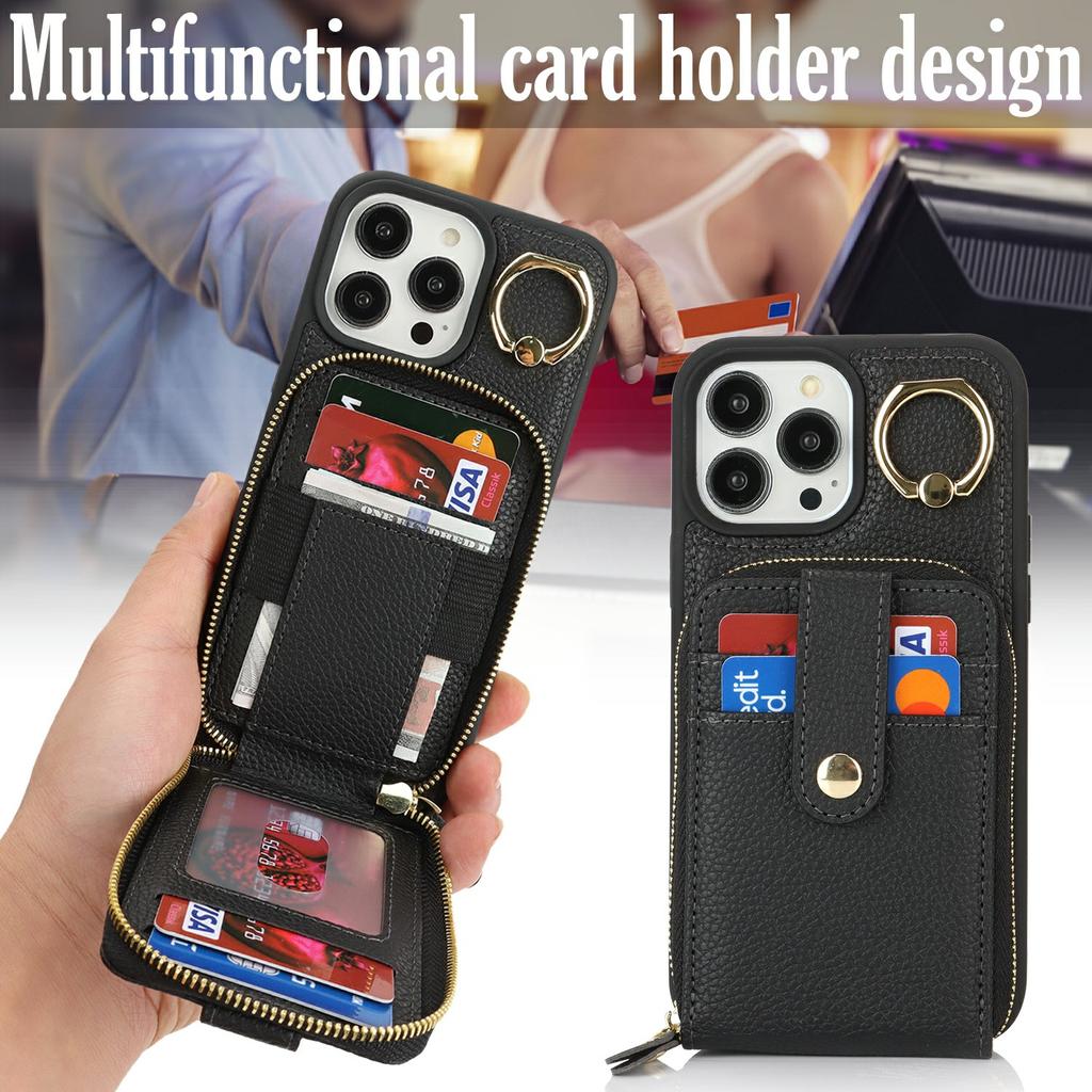 For iPhone 14 Pro Max Case with Zipper Pouch/Ring Kickstand/Strap Litchi Texture PU + TPU Phone Cover