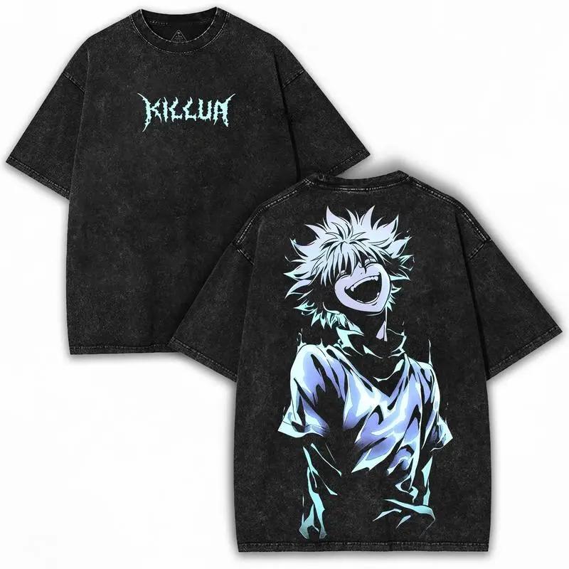 

HUNTER×HUNTER Killua Zoldyck T-shirt Men Women Clothing Anime Vintage Washed Oversized T shirt High Quality Cotton Tee Tops M чорний