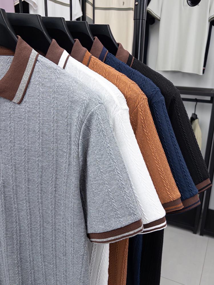 Men's Hipster Striped Knit Shirt - Short-Sleeve Lapel T-Shirt Top