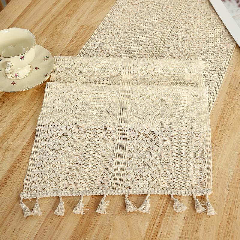 Vintage American Style Crochet Hollow Linen Lace Table Runner with Tassels | Woven Polyester Square Floral Pattern | for Dining Room, Cabinet