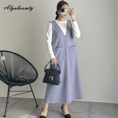 Korean Fashion Autumn Winter Women Sundress V Neck Blue Woolen Midi Sleeveless Dress Warm Wool Tank Dress With Pockets