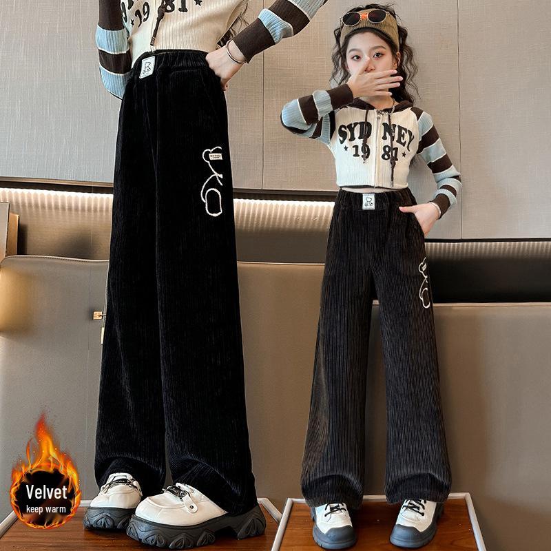 Girls' Fleece-Lined Cartoon Bear Wide-Leg Pants for Autumn/Winter