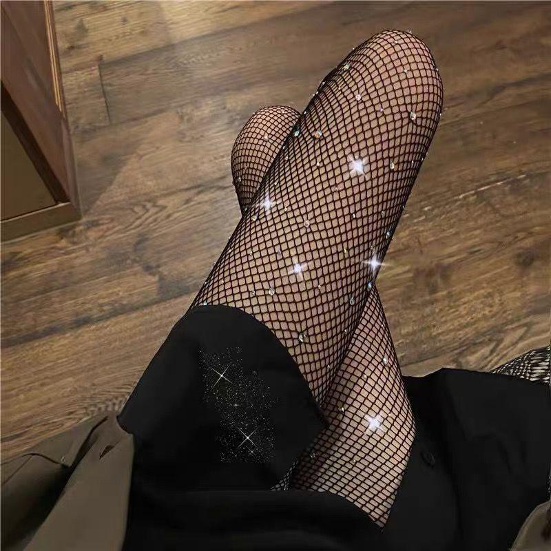 White Diamond Rhinestone Fishnet Bodysuit and Black Pantyhose Set for Nightclubs and Spring/Summer Wear