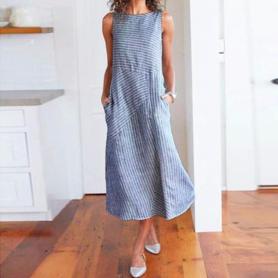 Women Summer Dress Striped Patchwork Sleeveless O-neck Loose Dress-up Pockets A-line Women Midi Dress Women Clothes