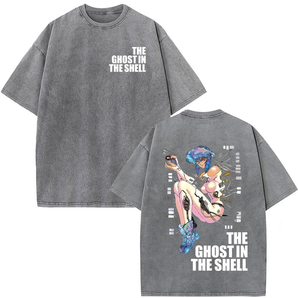 Camisetas Gráficas Vintage Lavadas de Anime Ghost in The Shell Motoko Kusanagi para Hombre y Mujer Moda Camisetas de Manga Corta Oversize