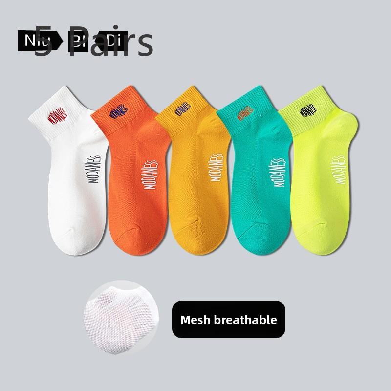 5 Pairs of Men's Spring and Autumn Pure Cotton Sweat Absorbing Breathable Mesh Thin Socks