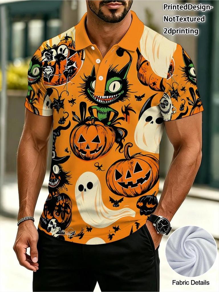 Printed Design - Non-Textured 2D Printing Men'S Polo Shirt, Lightweight Polyester Fabric, Comfortable And Breathable, Halloween-Themed Pattern with