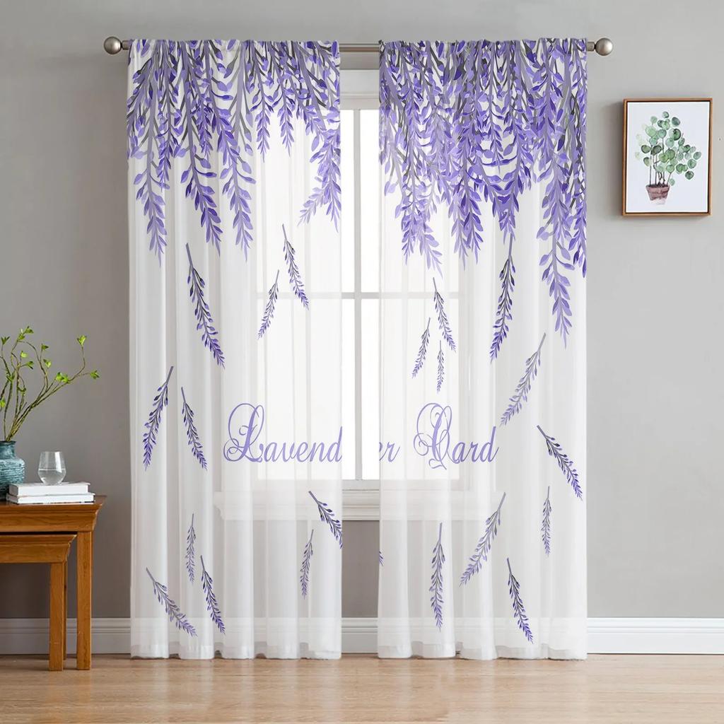 Purple Lavender Green Leaves Plant Field Tulle Sheer Curtains for Living Room Bedroom Decor Window Curtain Voile Organza Drapes