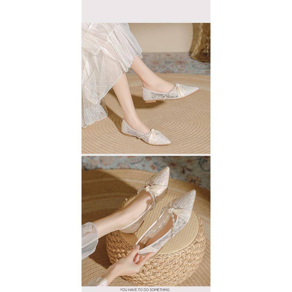 French Style Women's Flat Shoes, New Fairy Style Pearl Bridesmaid Single Shoes, Mesh Breathable and Gentle Sandals for Women