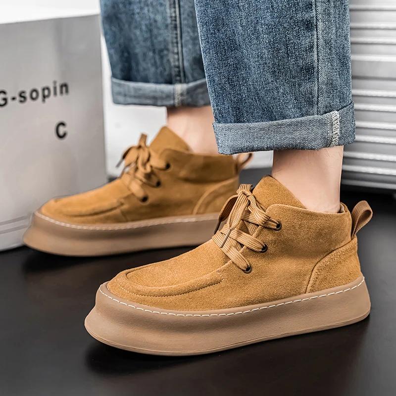 Fashion Men Genuine Leather Thick Bottom Boots Casual Leather Soft Sole Shoes Comfy Outdoor Classical Ankle Boots Casual Lace-Up Shoes