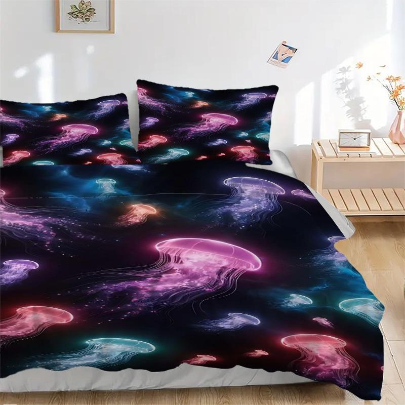 3pcs Colorful Jellyfish Bedding Set - Includes One Quilt Cover and Two Pillowcases (No Filling) - Anime Cartoon Design, Polyester Fabric, Su