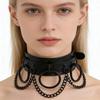 Unisex European Punk Black Leather Choker with Metal Chain and Lock Pendant.