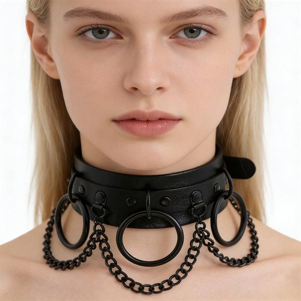 Unisex European Punk Black Leather Choker with Metal Chain and Lock Pendant.