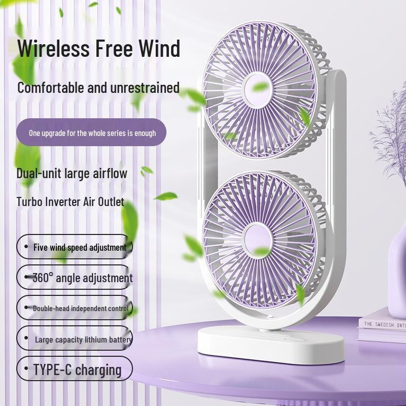 Dual-Head USB Rechargeable Desktop & Floor Fan with 360° Rotation for Camping & Outdoor Use