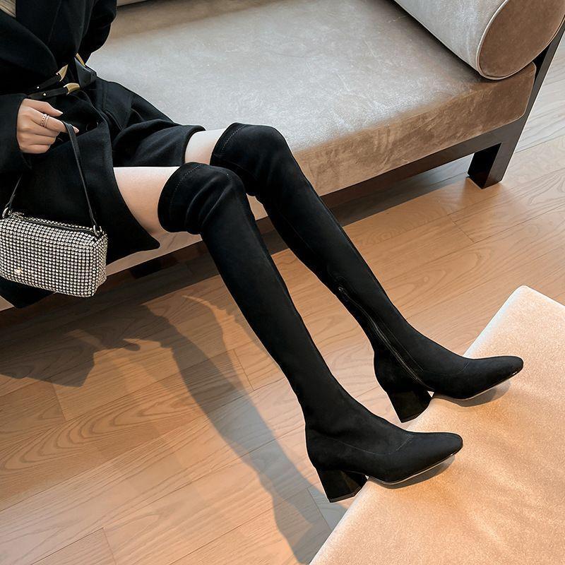Knee Boots Women's High-heeled Boots Elastic Boots Long Boots Khaki Boots Suede Boots Autumn and Winter Velvet High Boots