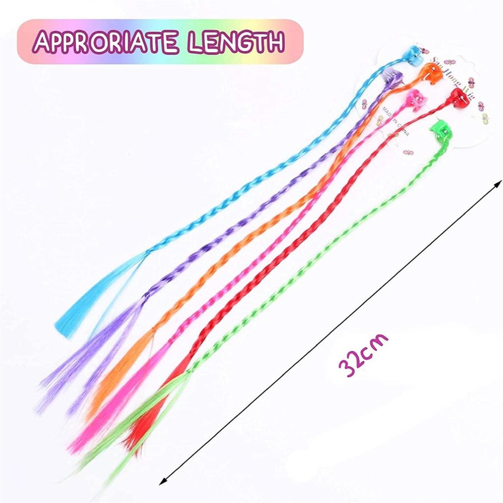 6Pcs/Set Colorful Rainbow Braided Hair Extensions with Clips Girls Ponytail Hairpieces Kids Hair Accessories