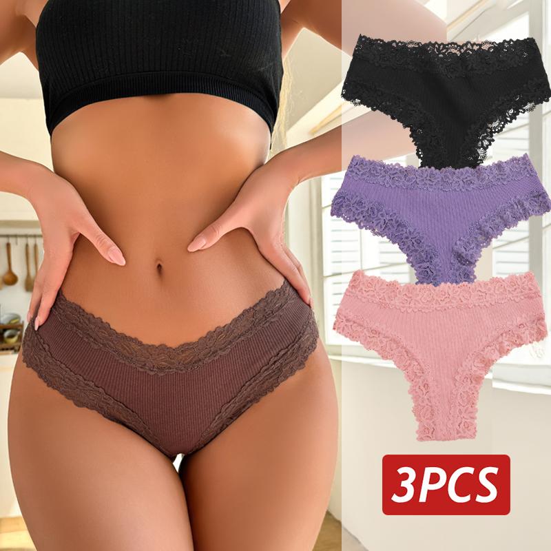 3PCS/Set Sexy Lace Panties for Women Cotton Brazilian Panties Female Low Rise Breathable Underwear Solid Colors Floral Lingerie