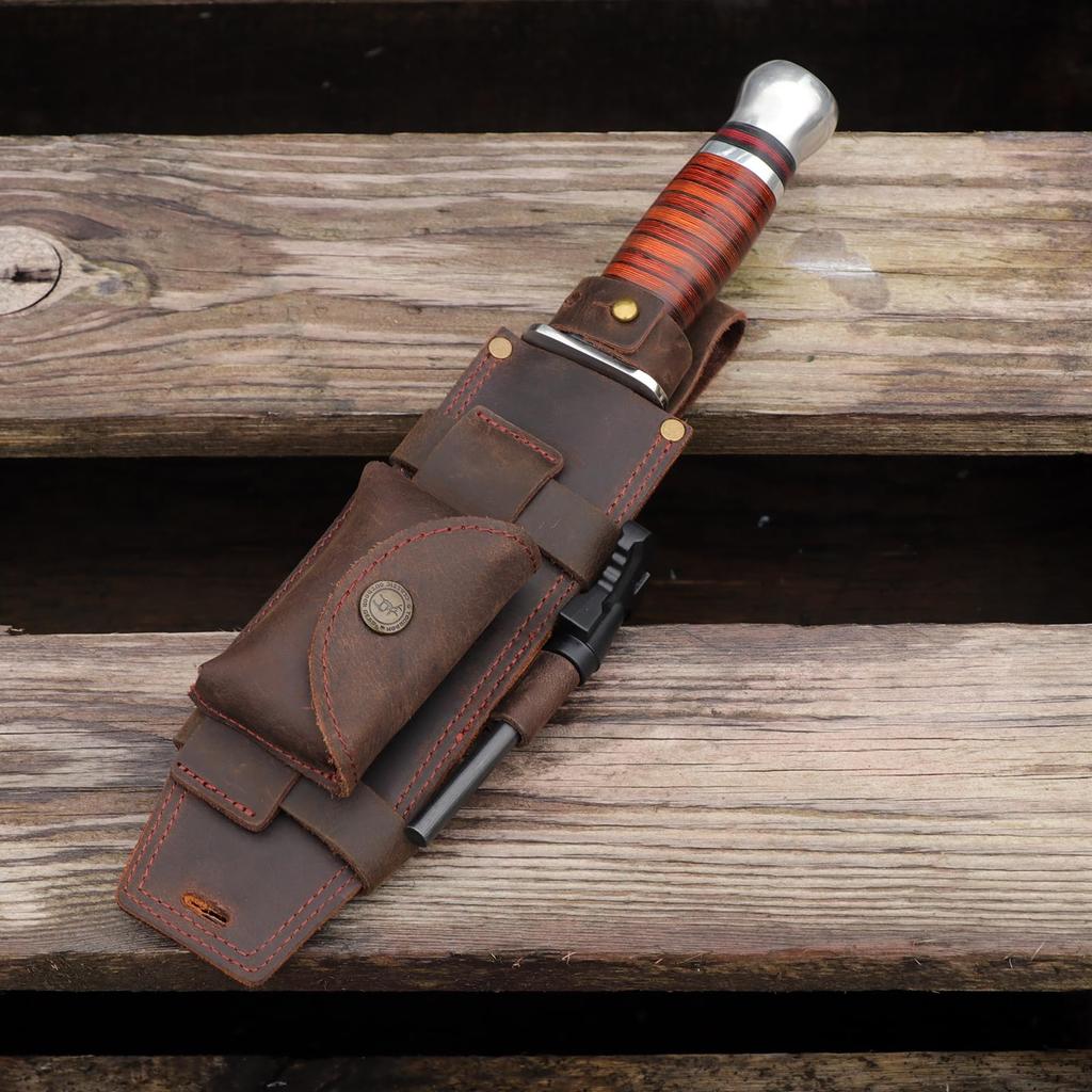 TOURBON Knife Sheath Belt Case for Straight Handmade Leather Sheath with Flint Holder for Petty and Airsoft Knives, Knives, Camping, BBQs, Fishing,