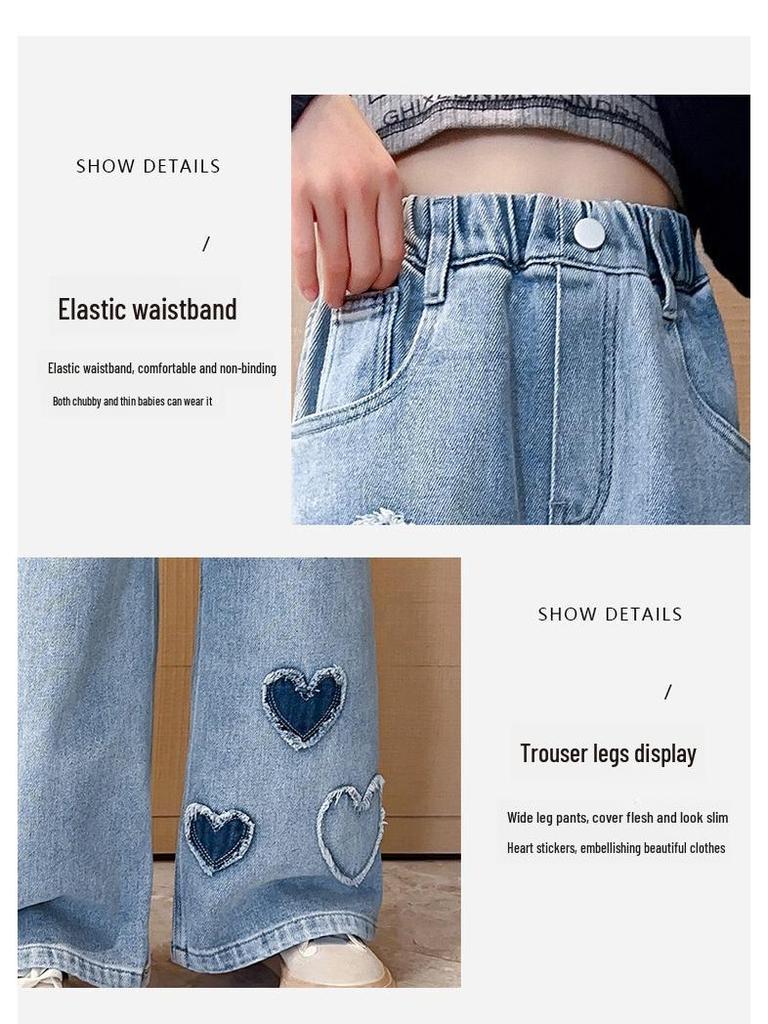 2025 Spring Girls' Wide-Leg Love Patch Jeans, Blue